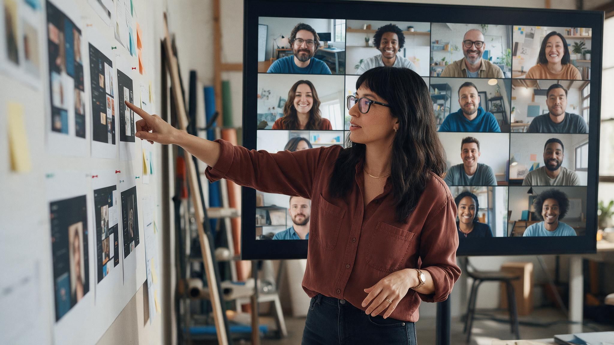 An agency director points to app screens pinned on a studio wall while engineers join a meeting on the video wall behind her.