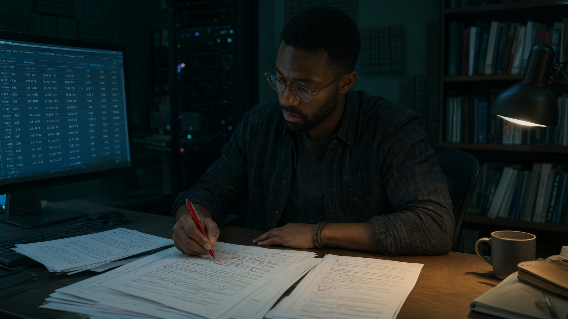 An AI engineer marking up printed model answers with a red pen beside a monitor of evaluation scores.