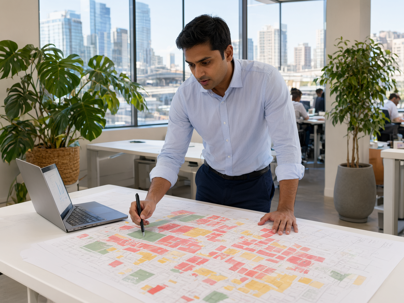 An analyst marking parcels on a printed city map beside a laptop in a bright office.