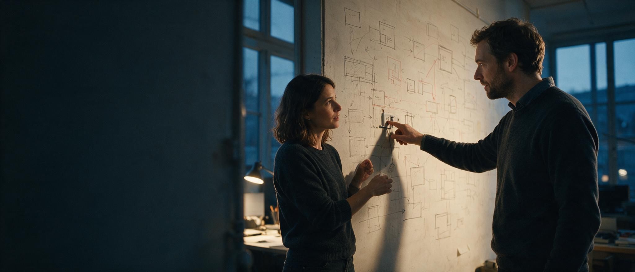 Two engineers discussing system diagrams pinned to a wall.