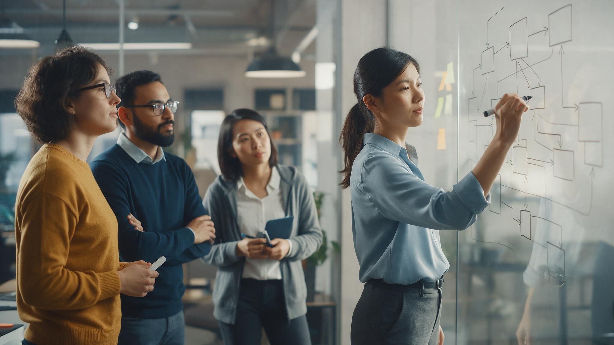An engineer draws a system architecture on a glass wall as three colleagues watch.