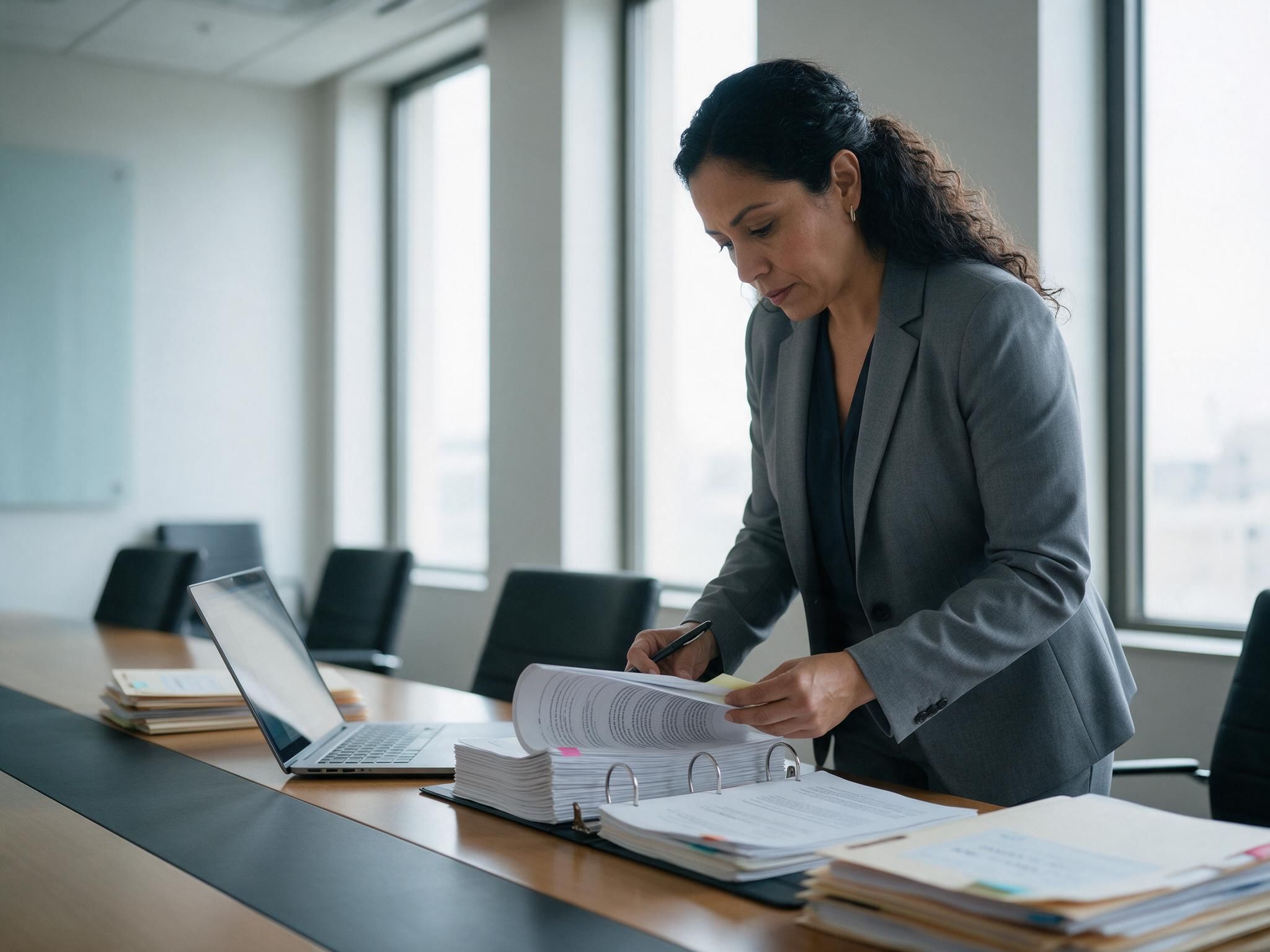 An attorney reviewing a discovery binder at a conference table in a daylit office.