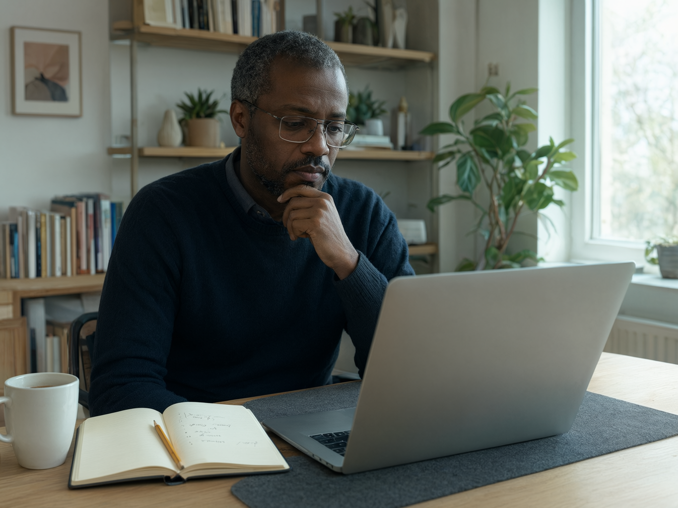 A senior engineer reading a project brief on a laptop, a notebook of questions beside him.