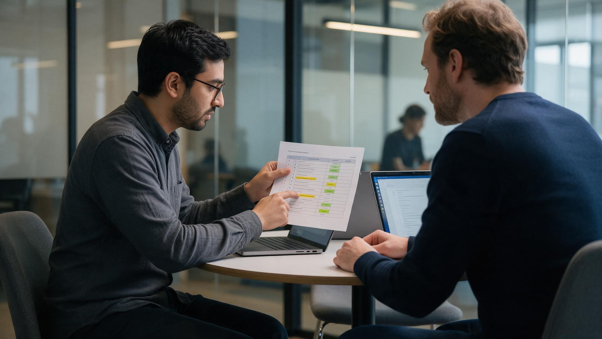 An engineer walks a founder through a highlighted review report at a small table.