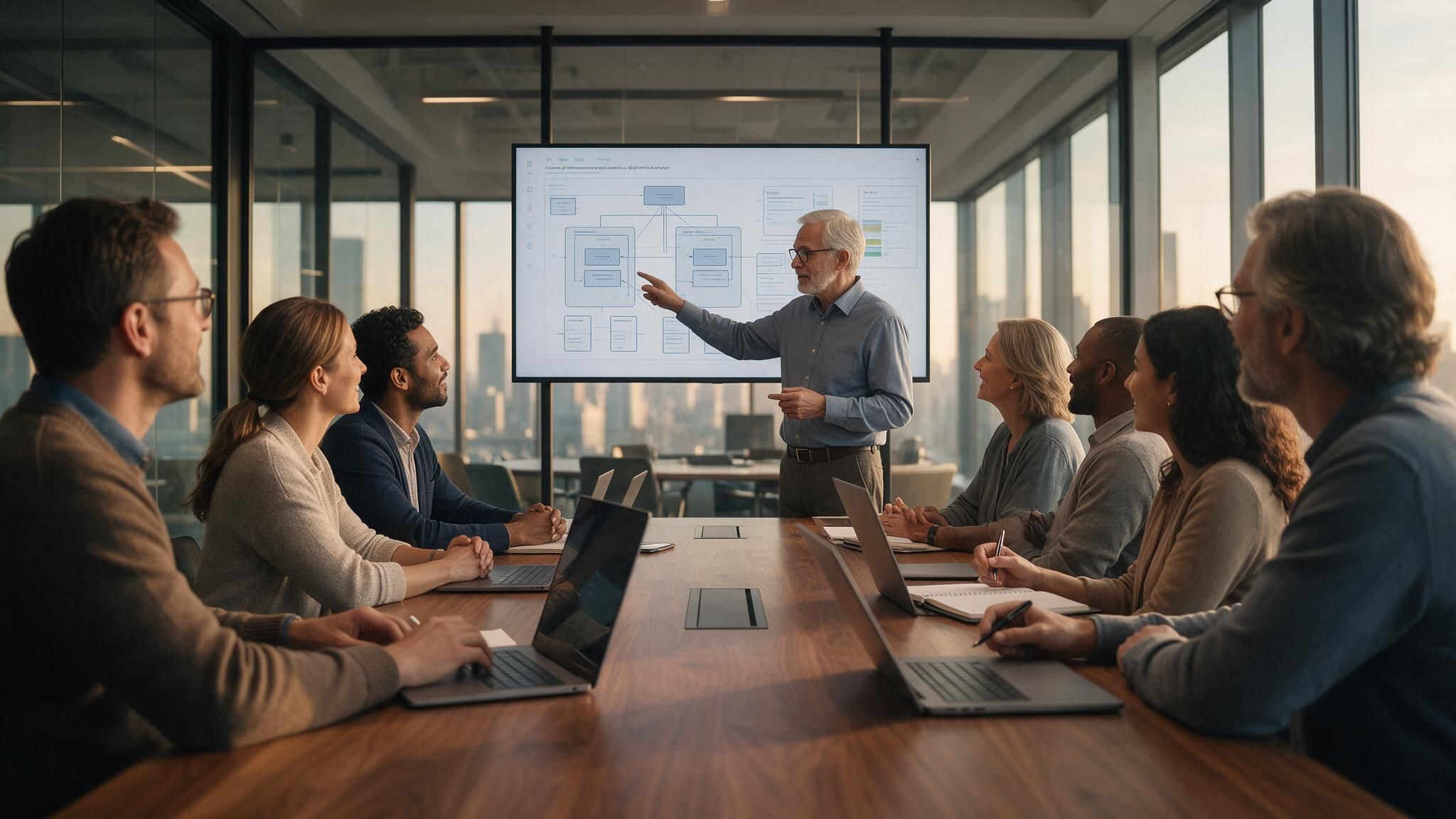 An architect walks a client team through a system diagram in a glass-walled meeting room.