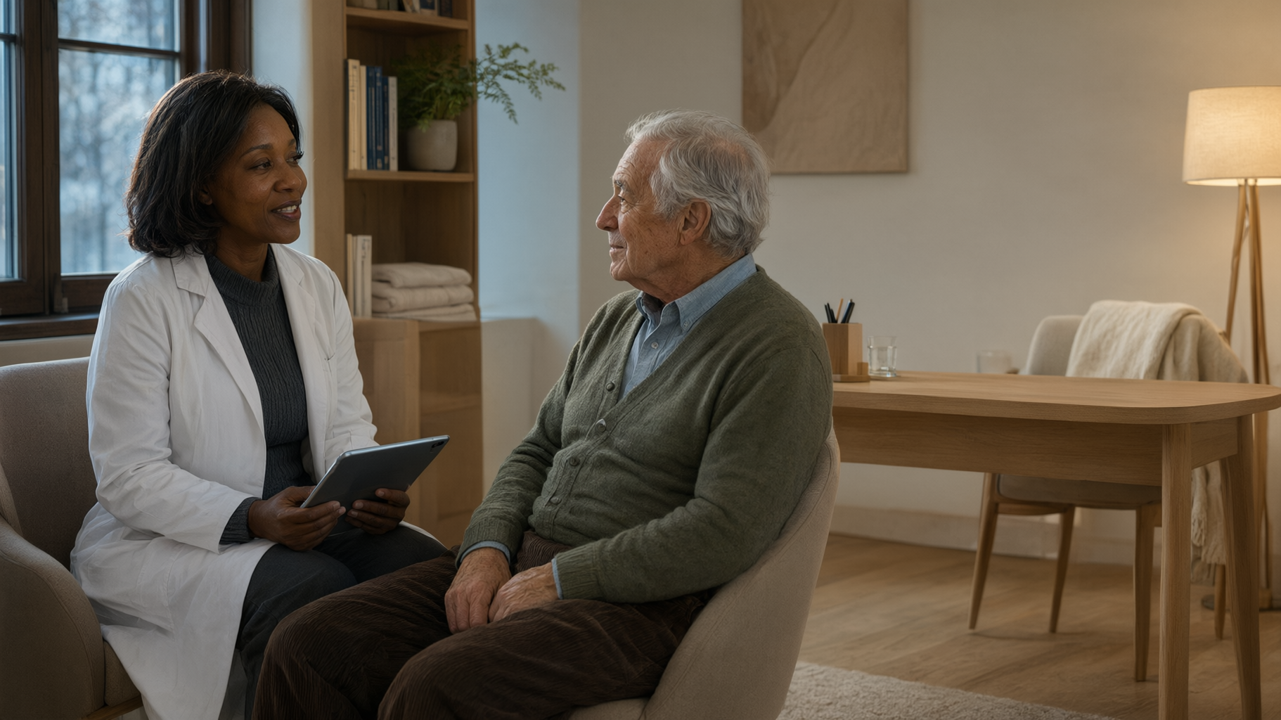 A clinician in a white coat talks with an older patient, tablet in hand.