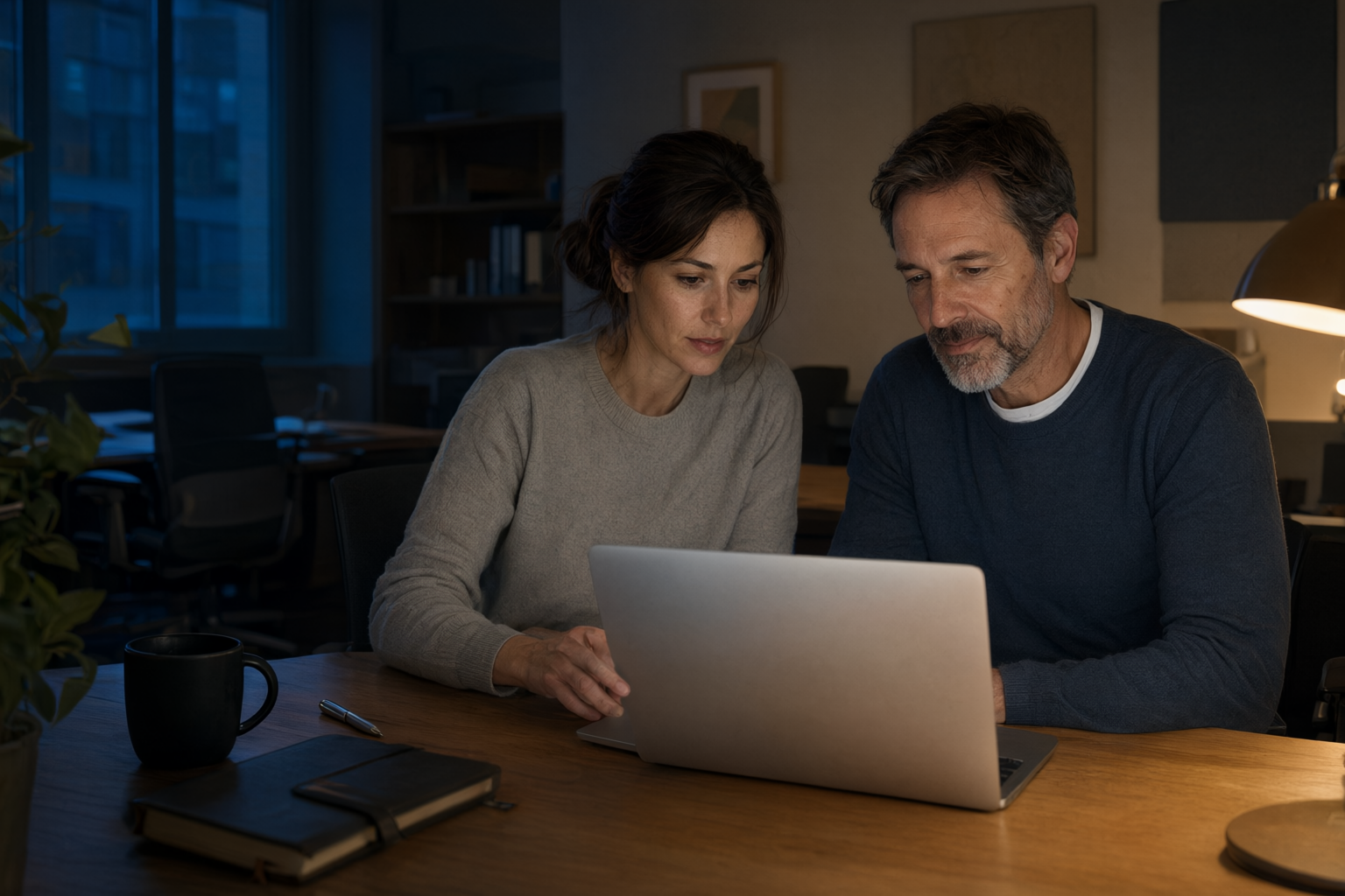 Two engineers reviewing an app together on one laptop at night.