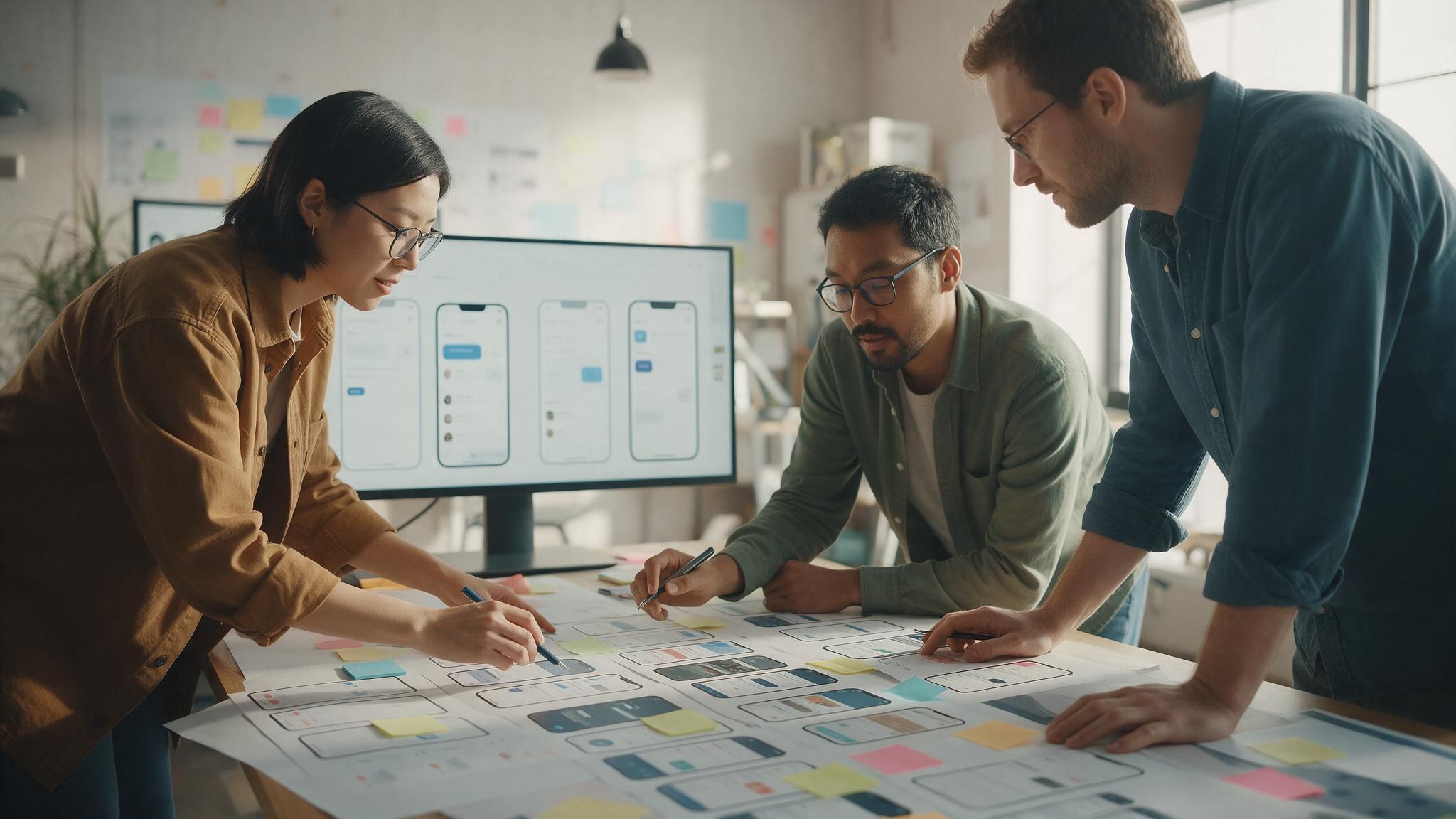 A product designer and two engineers lay out app screens on a large table.