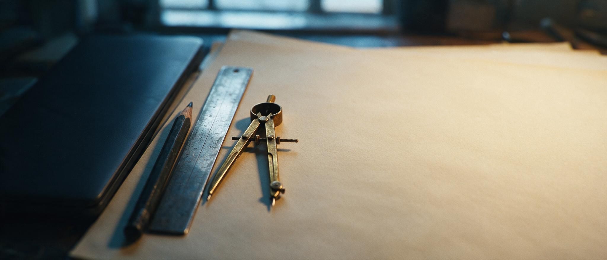 A compass, ruler and pencil on a blank drafting sheet.