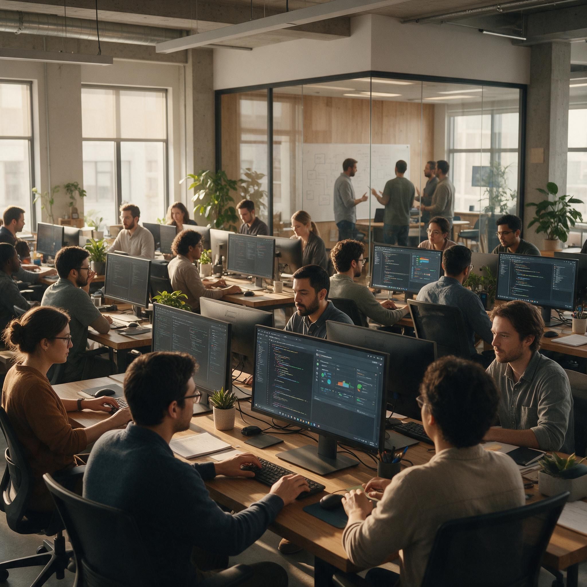 A busy open-plan engineering floor: engineers at dual monitors, a team talking at a whiteboard behind them.