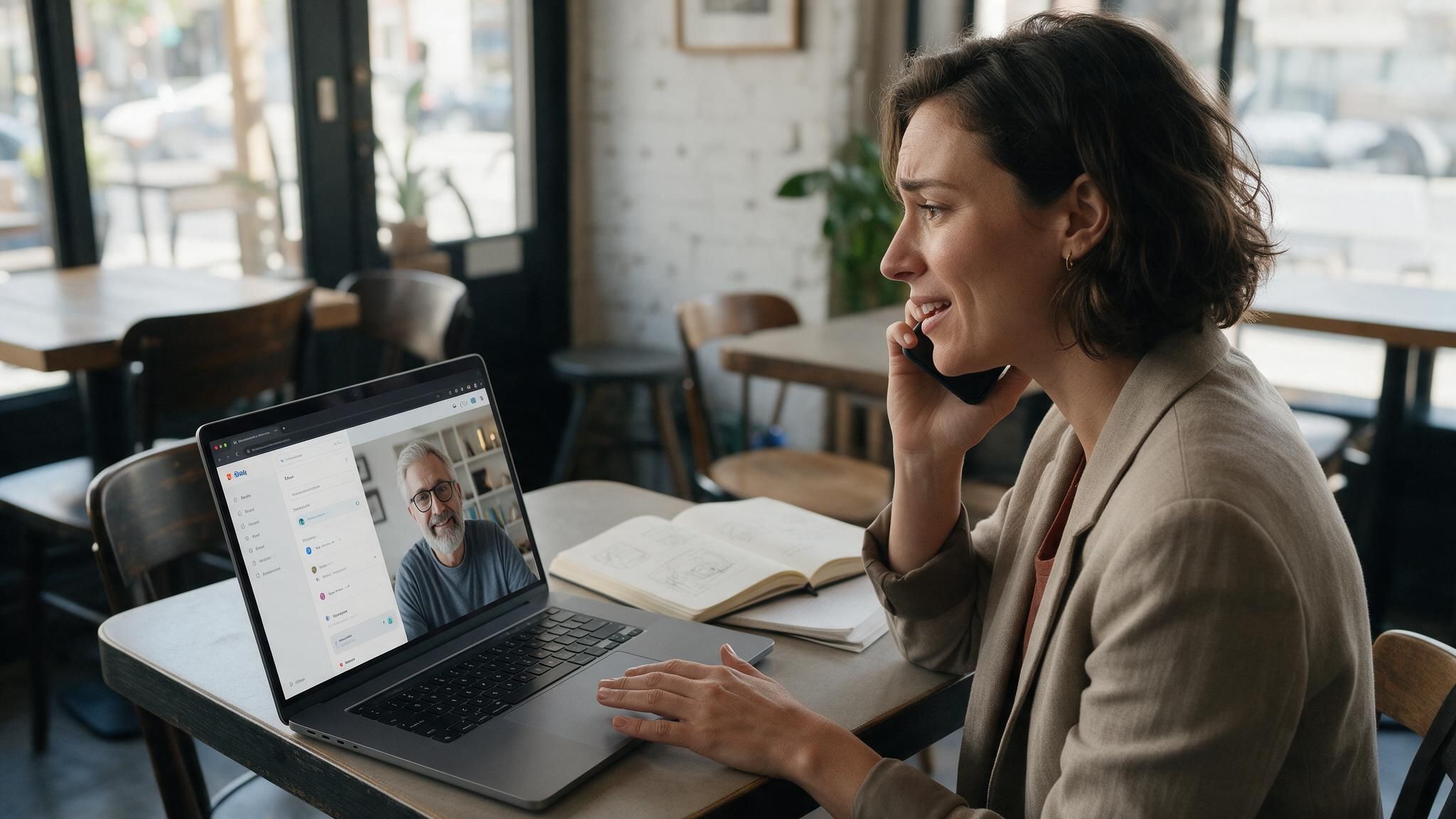 A founder on a phone call at a cafe table, with a video call open on her laptop.