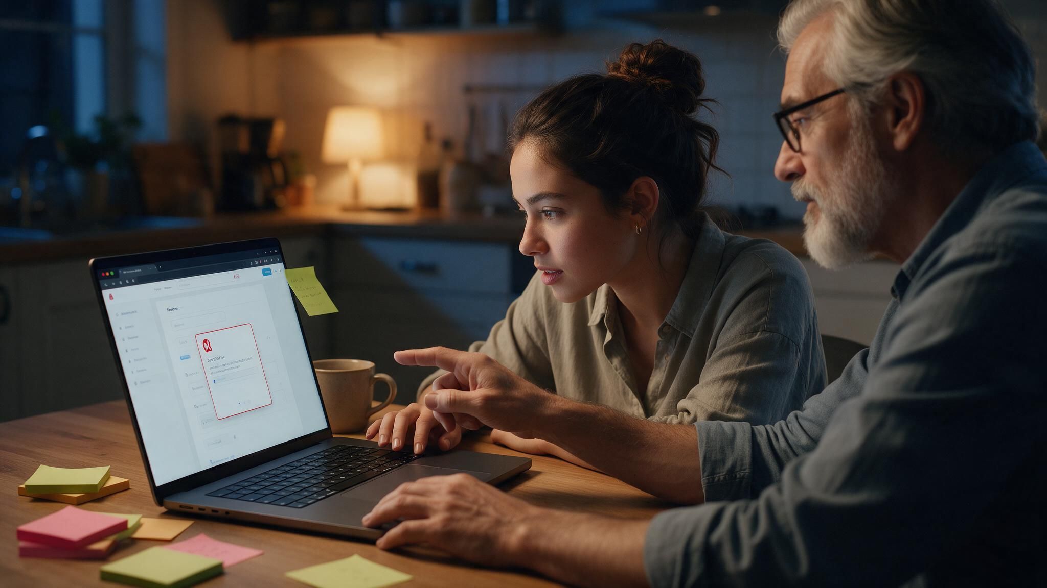 A founder at her kitchen table at night with an error on her laptop, as a senior engineer points to the cause.