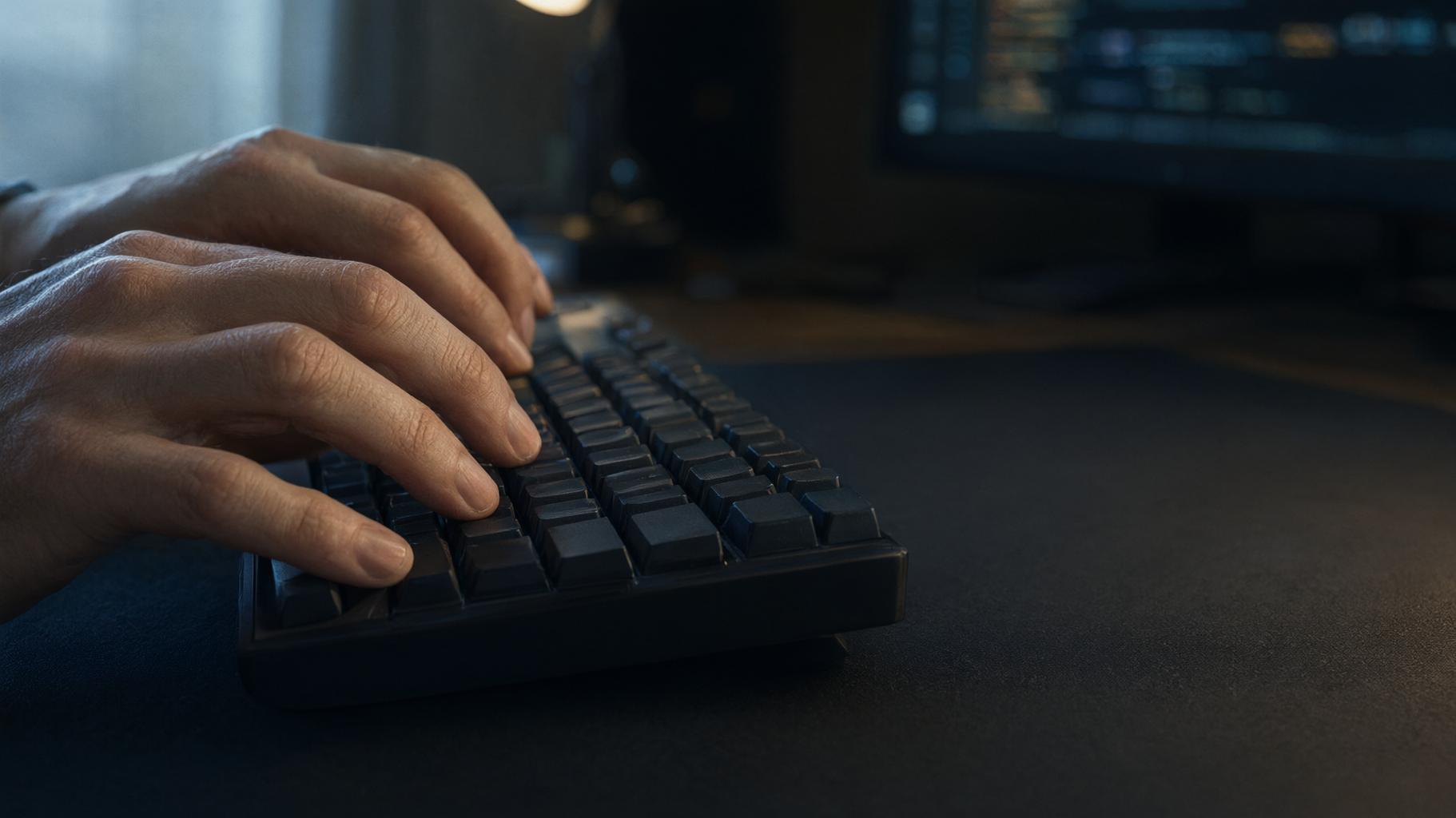 Close-up of hands typing on a keyboard, code blurred on the monitor behind.