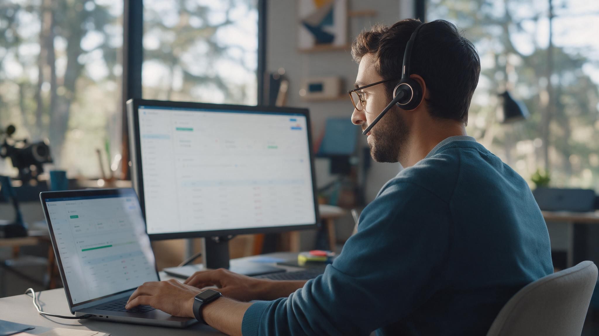 A remote engineer with a headset works across a laptop and a monitor in a home studio.