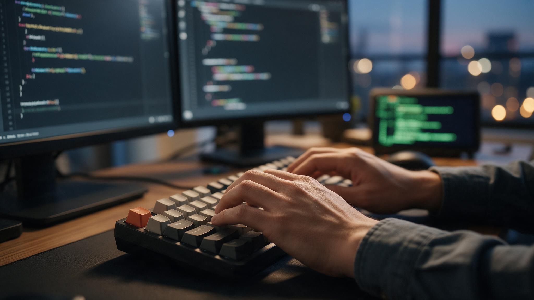 An engineer's hands on a keyboard in front of two monitors of code at dusk.
