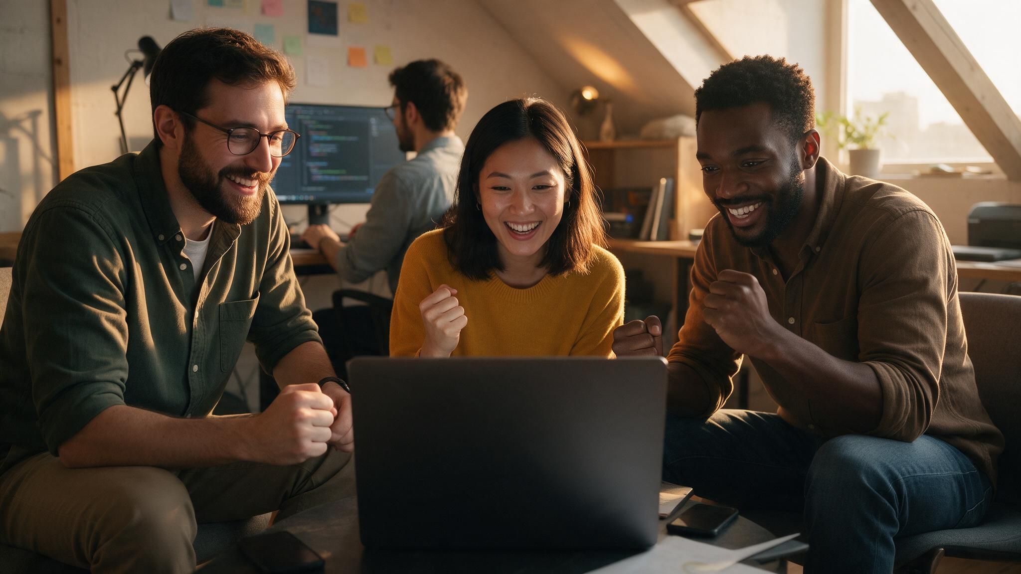 Three co-founders celebrate around a laptop in a loft office.