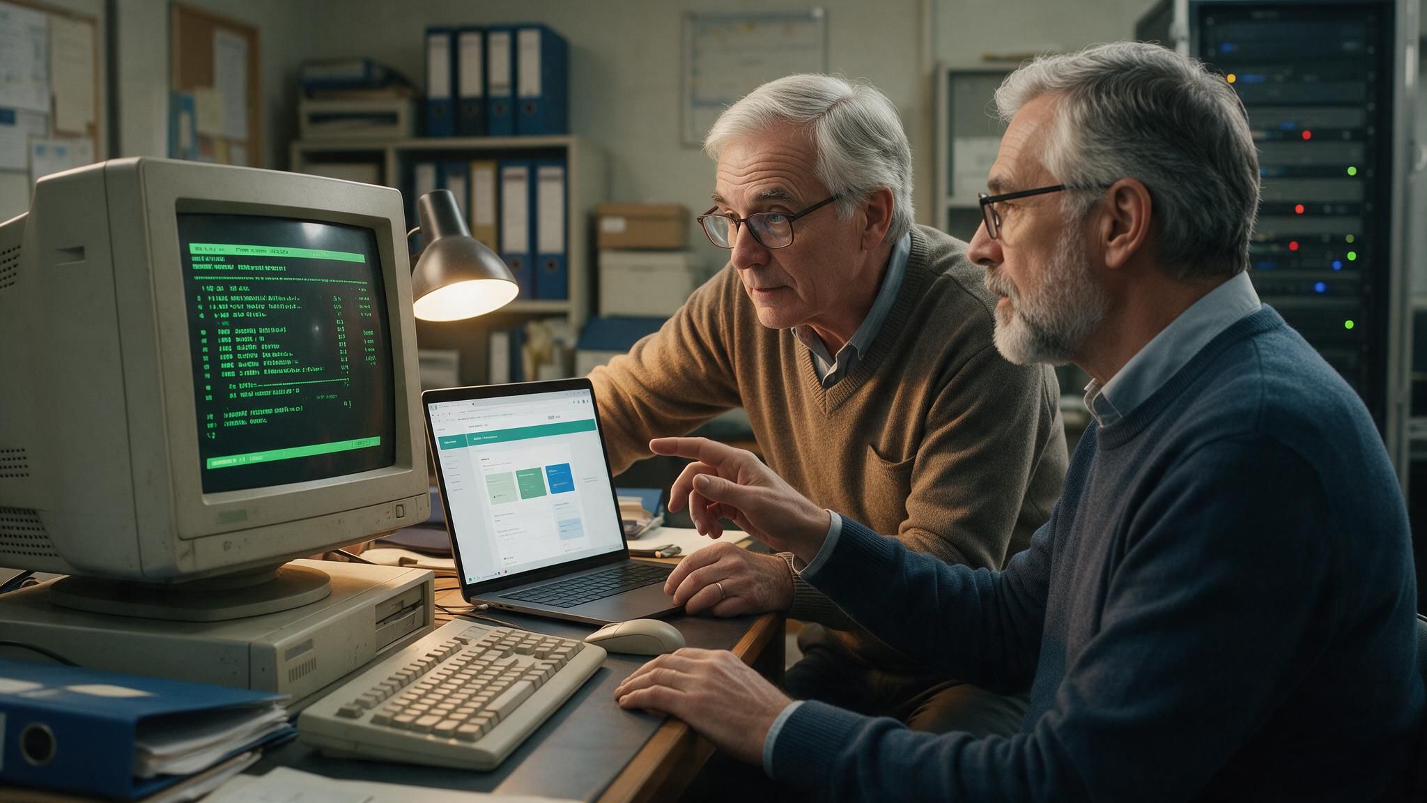 Two senior engineers compare an old green-screen terminal application with its new web version on a laptop, in an office lined with binders and a server rack.