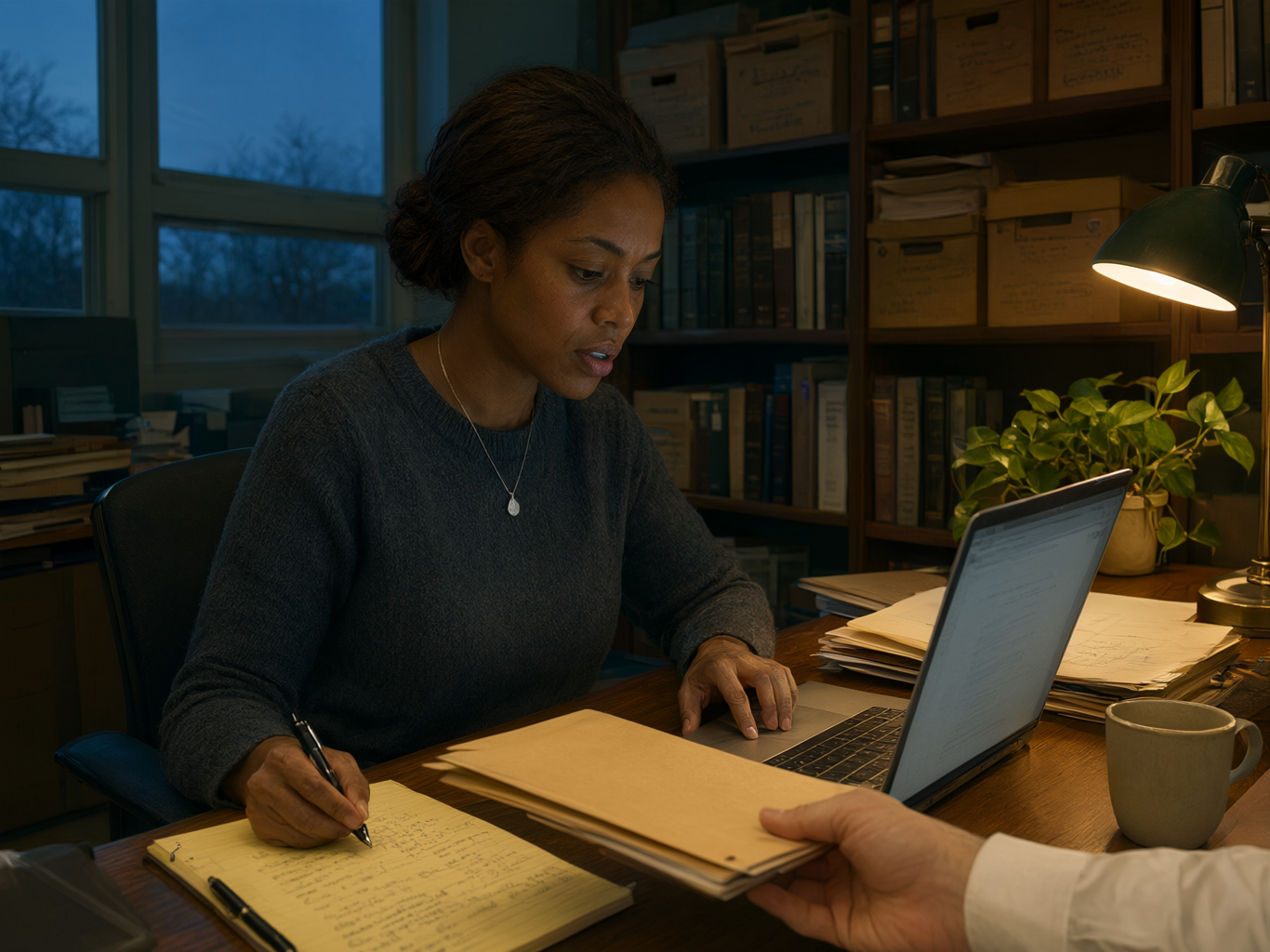 A legal analyst reviews case files beside her laptop in a book-lined office.