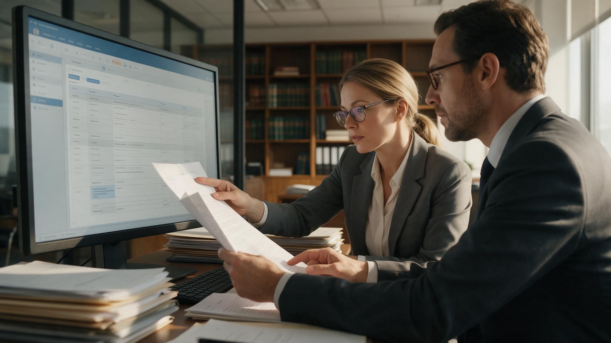 Two attorneys review a printed document beside a large monitor in a law library.