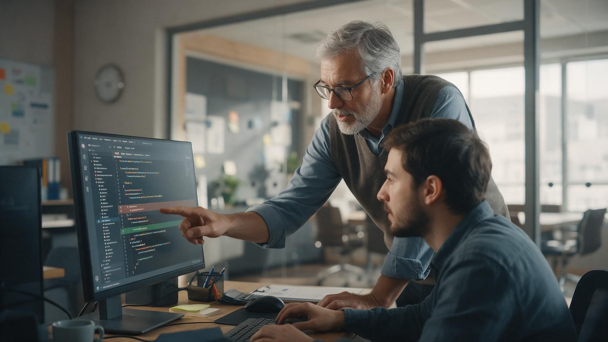 A senior engineer points at a code change on a monitor while a colleague reviews it.