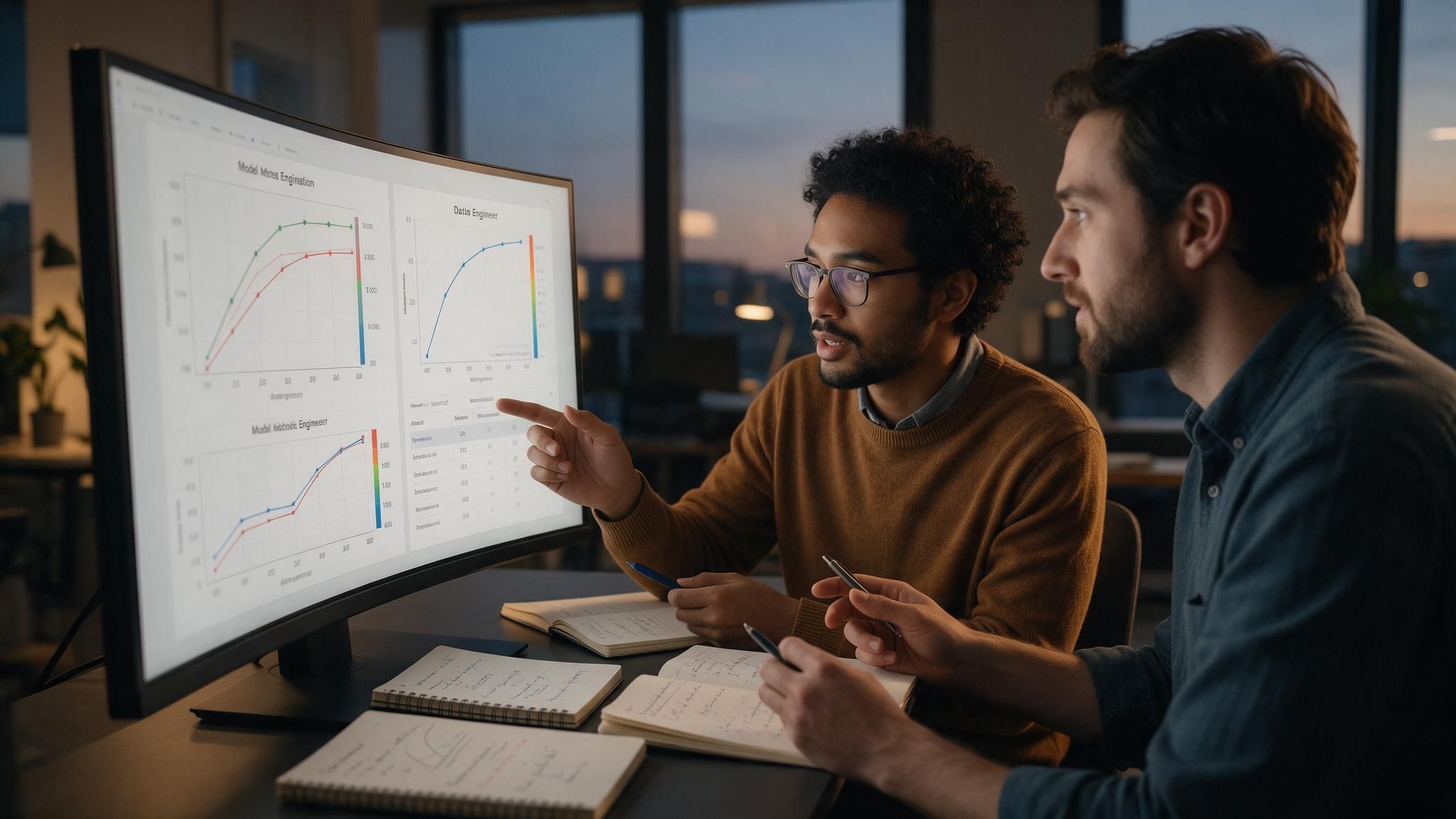 Two engineers discuss model evaluation curves on a large monitor.