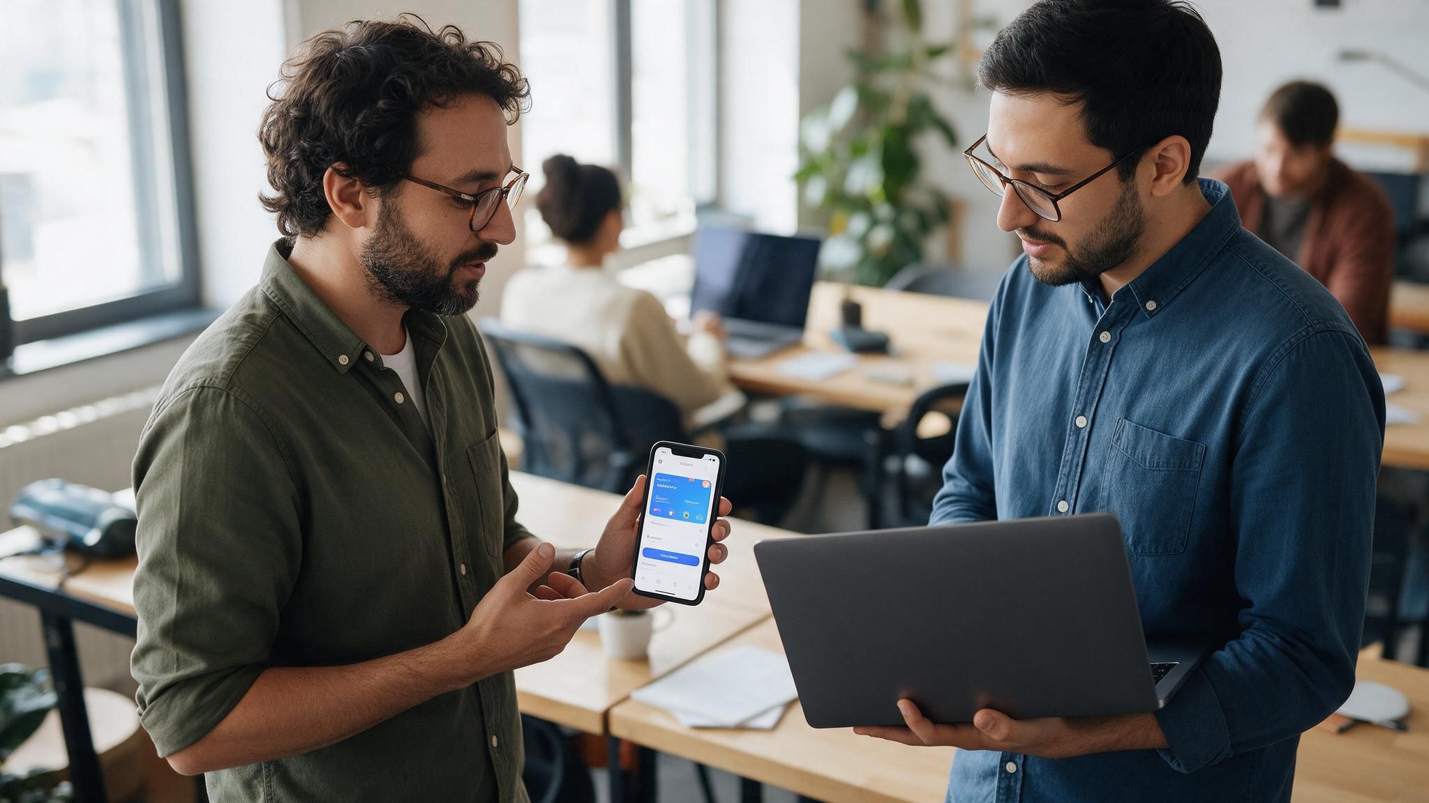 A founder shows an app on his phone to an engineer holding a laptop.