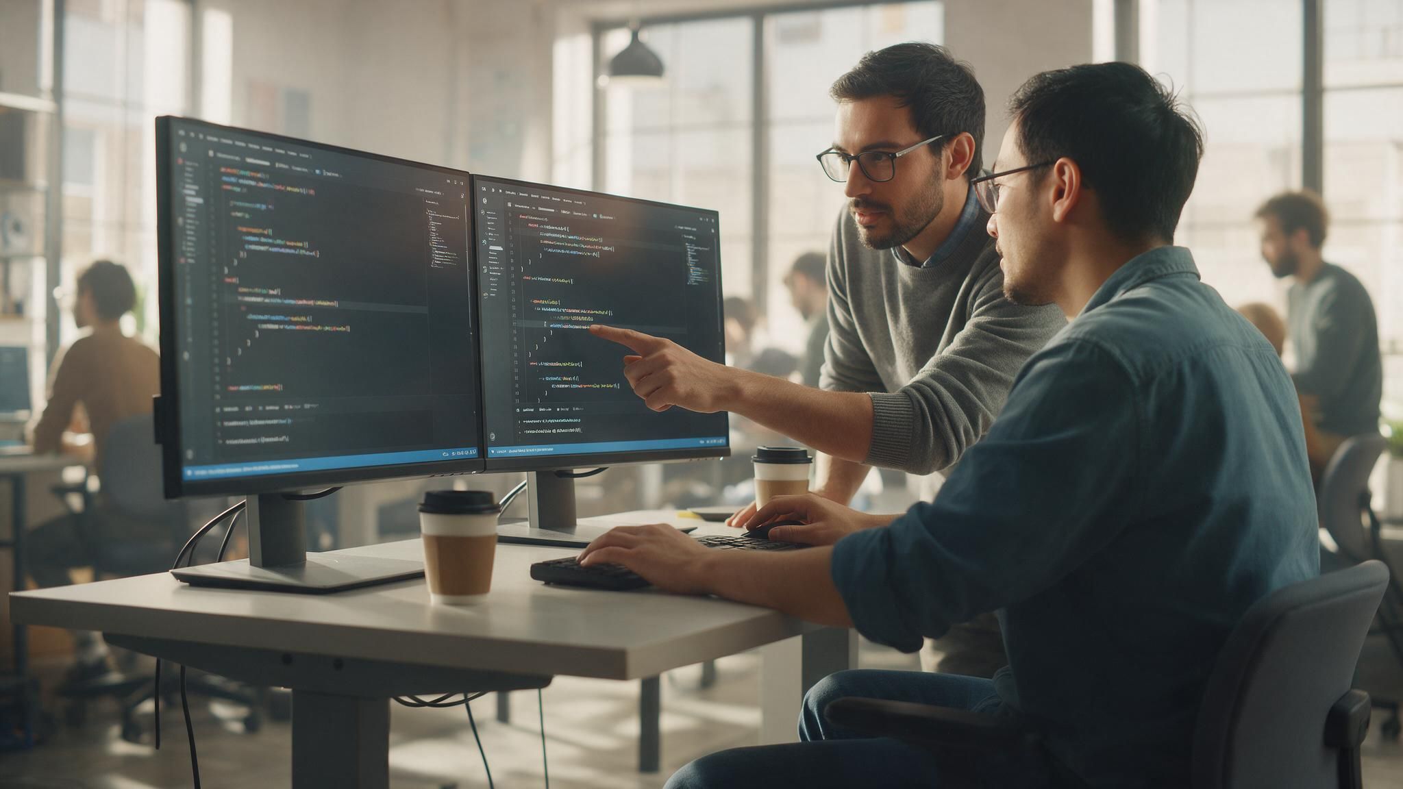 Two engineers pair at dual monitors, one pointing at a line of code.
