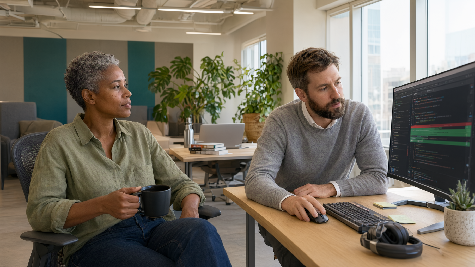 Two senior engineers reviewing a pull request together on a large monitor in a daylit studio.