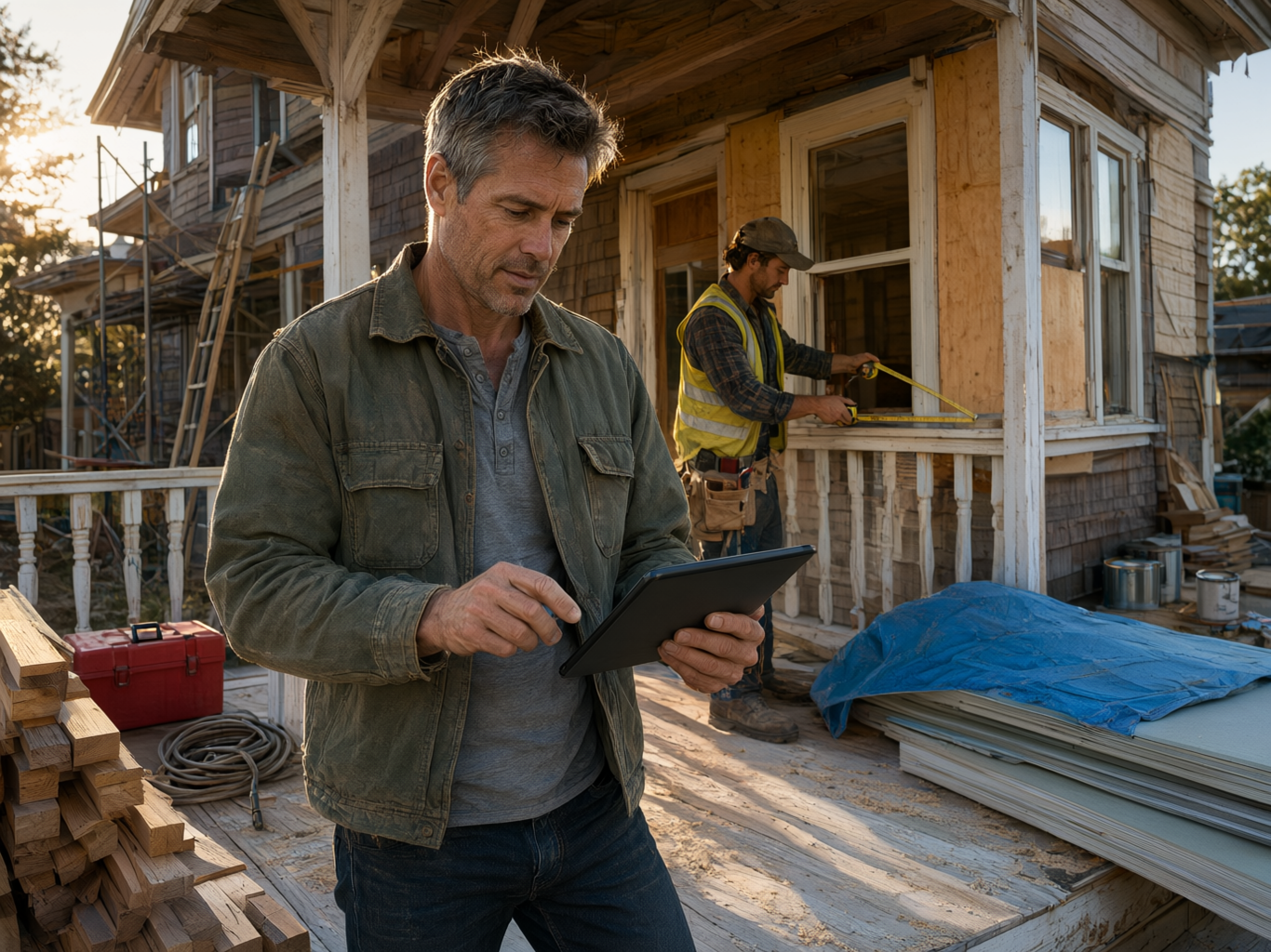 A property investor checks figures on a tablet at a renovation site.