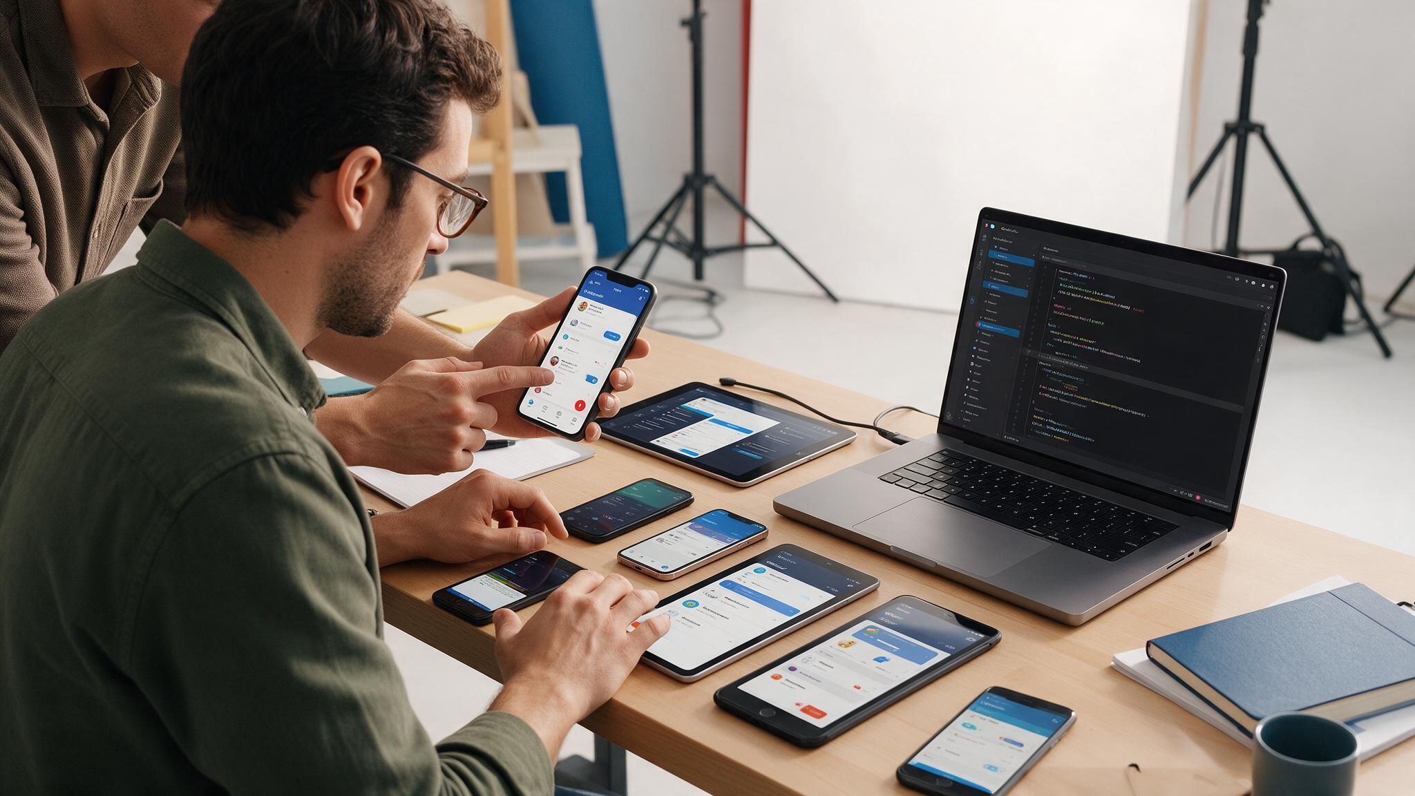 An engineer tests an app across a row of phones and tablets, with the code open on a laptop beside them.