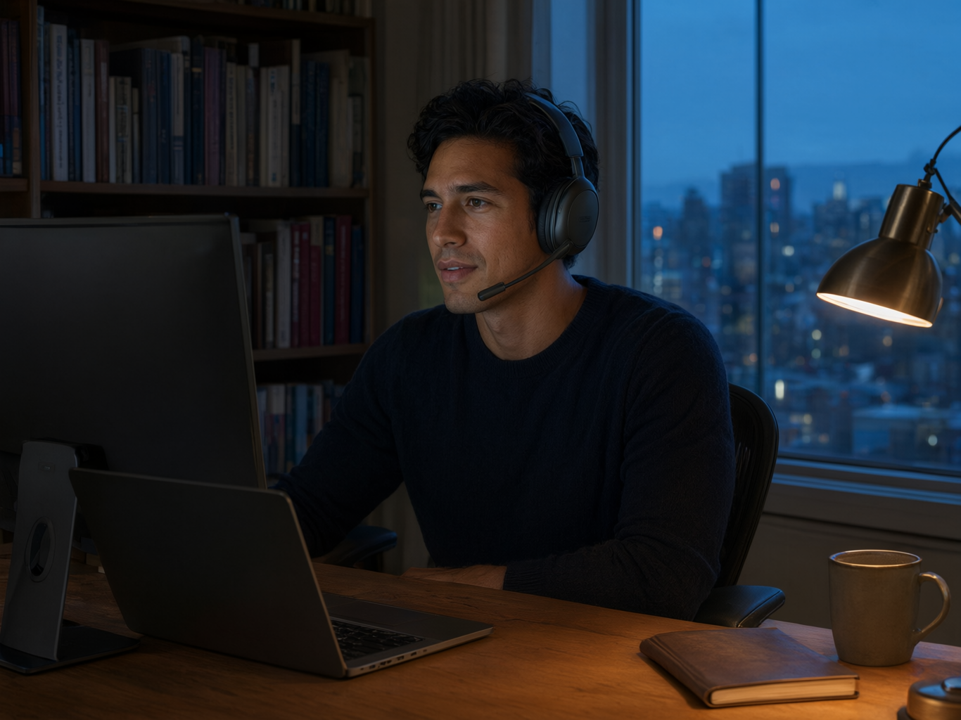 A remote engineer on a headset call at a home desk by a window over a city at blue hour.