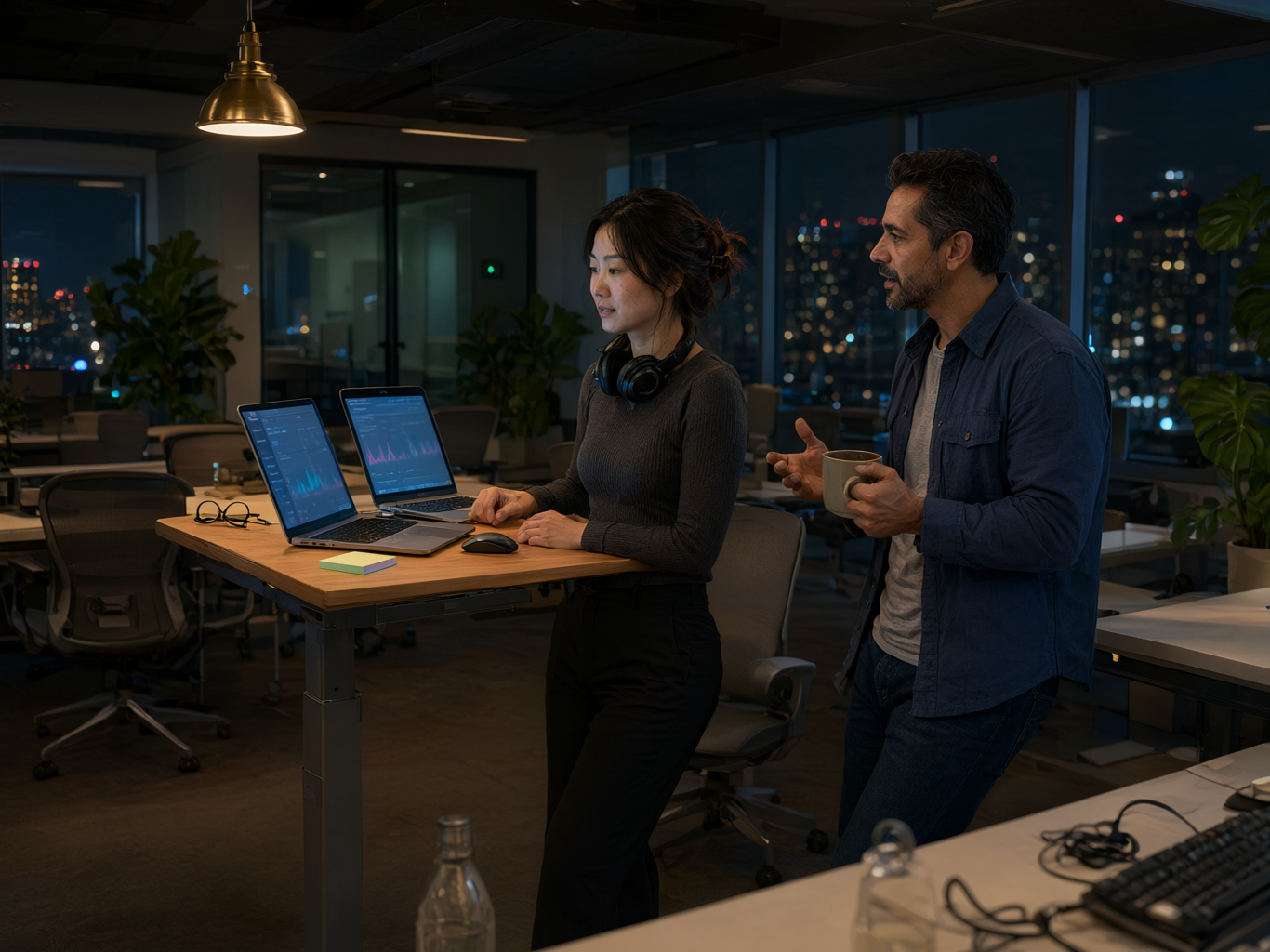 Two engineers talk through a production issue beside laptops in an office at night.