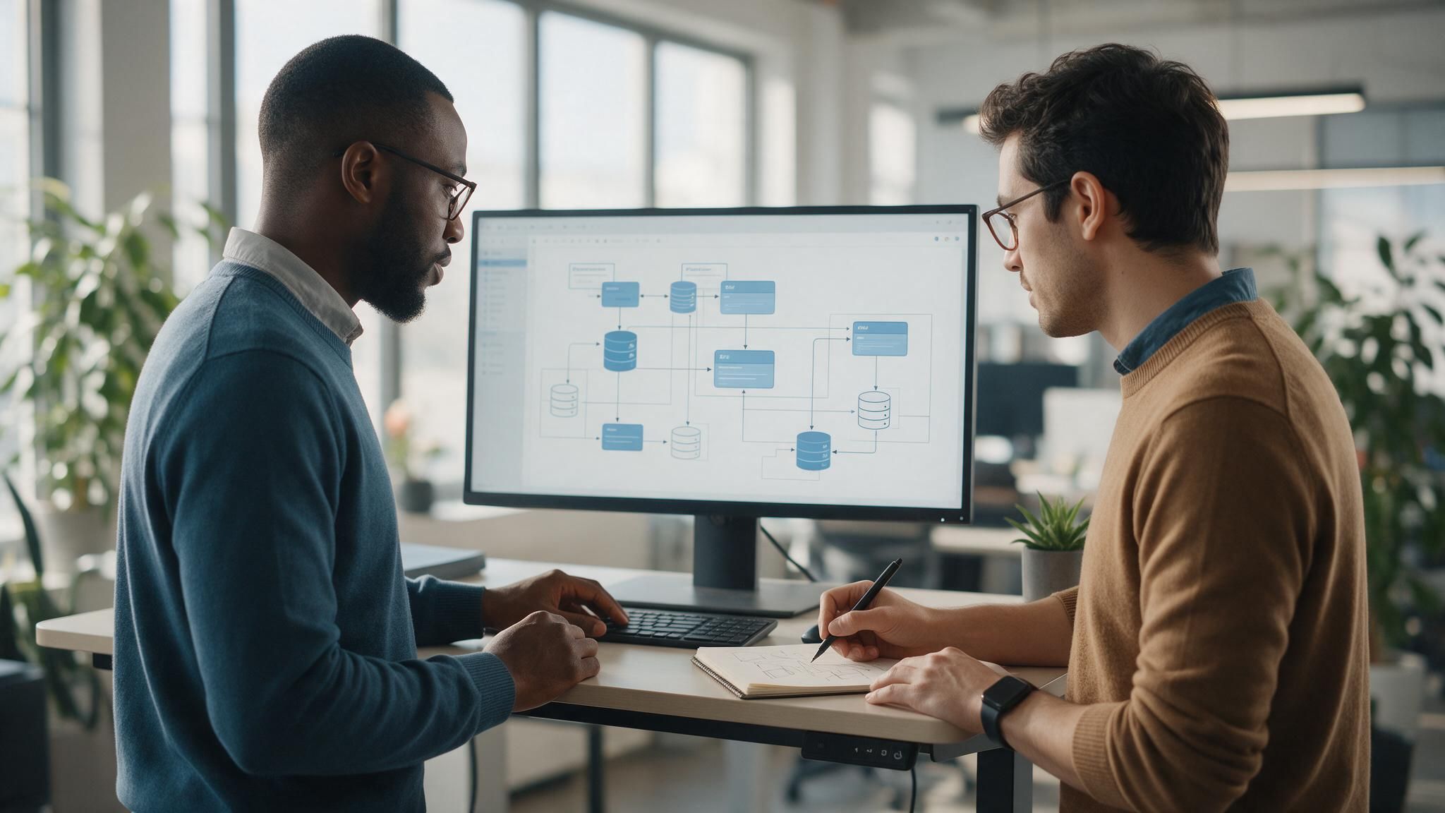 Two engineers review a database schema diagram on a monitor.
