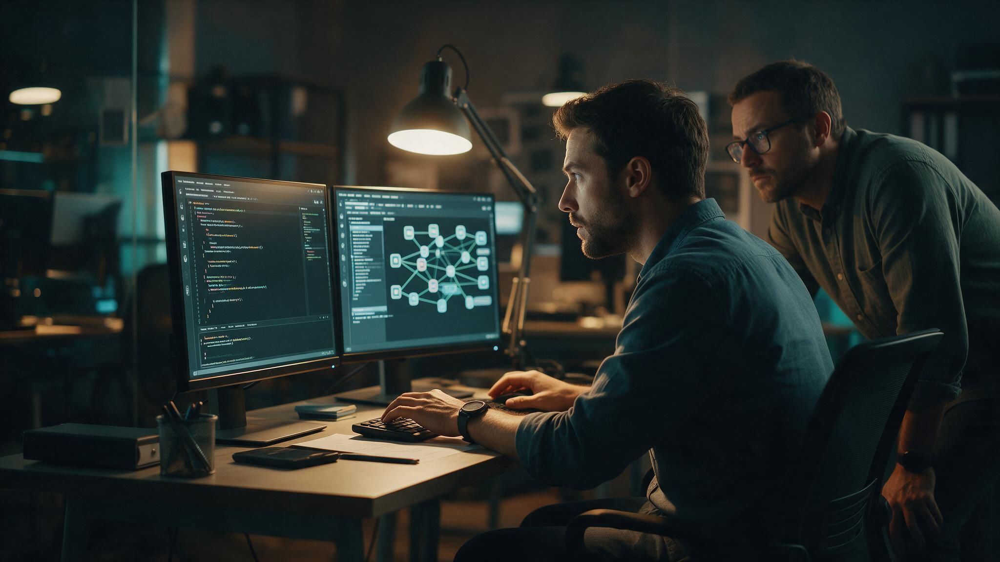 Two security engineers study a network graph and code on dual monitors in a dim room.