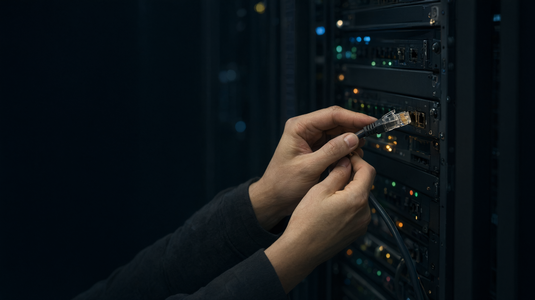 Rows of server hardware with status lights in a dim data hall.