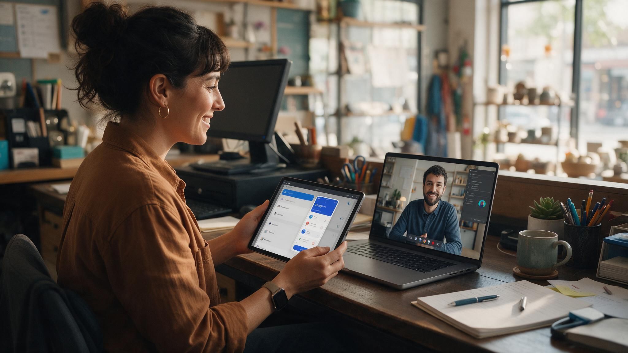 A small-business owner holds a tablet showing her app while on a video call with an engineer.