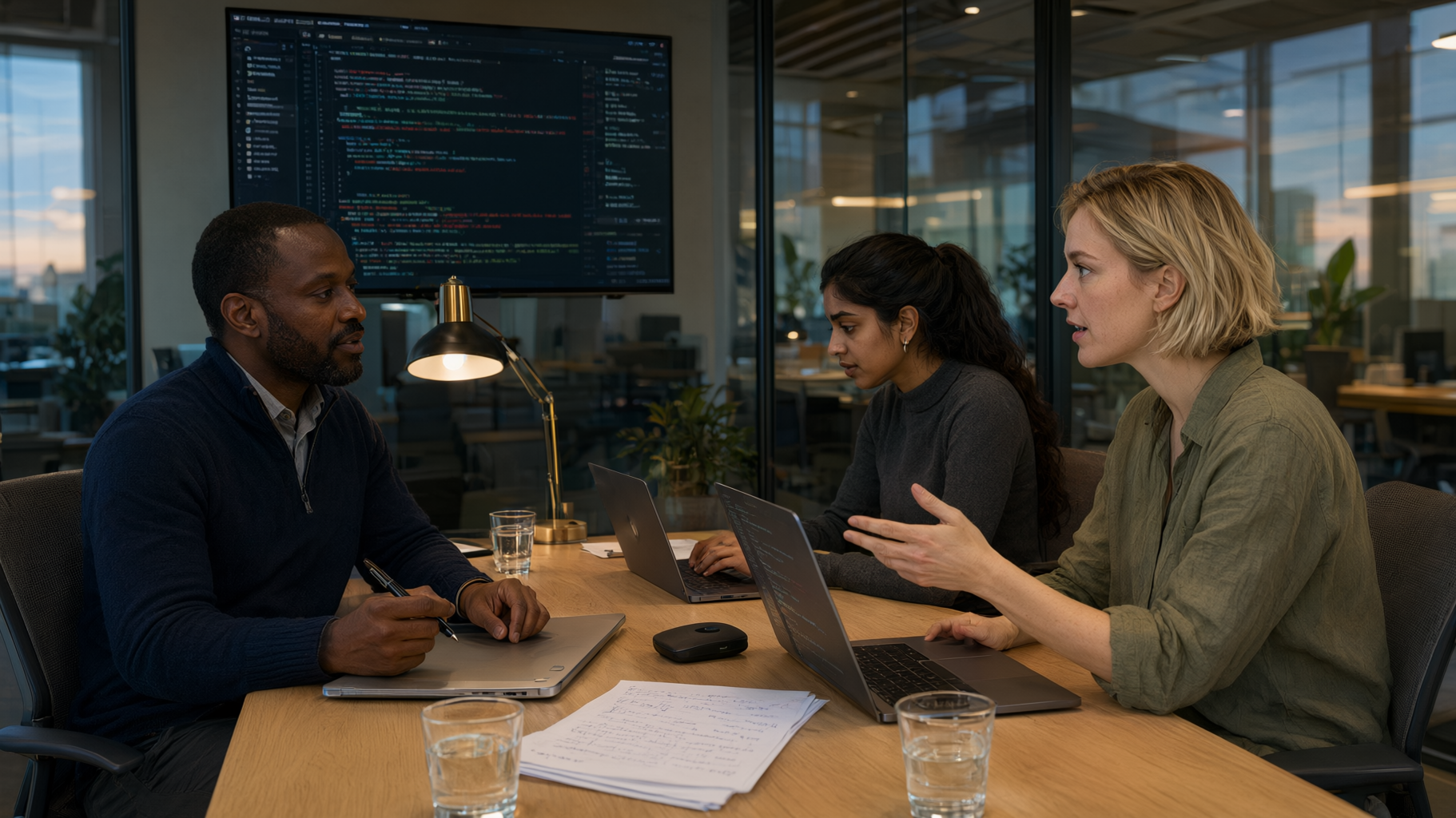 Three engineers in a glass-walled meeting room discussing a code diff shown on a wall display.