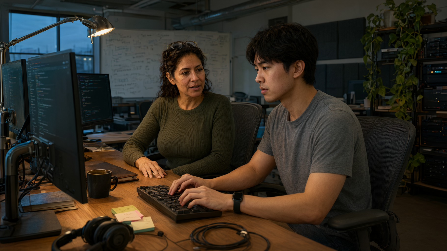 A senior engineer and a mid-level engineer pairing at one desk, he types while she explains.