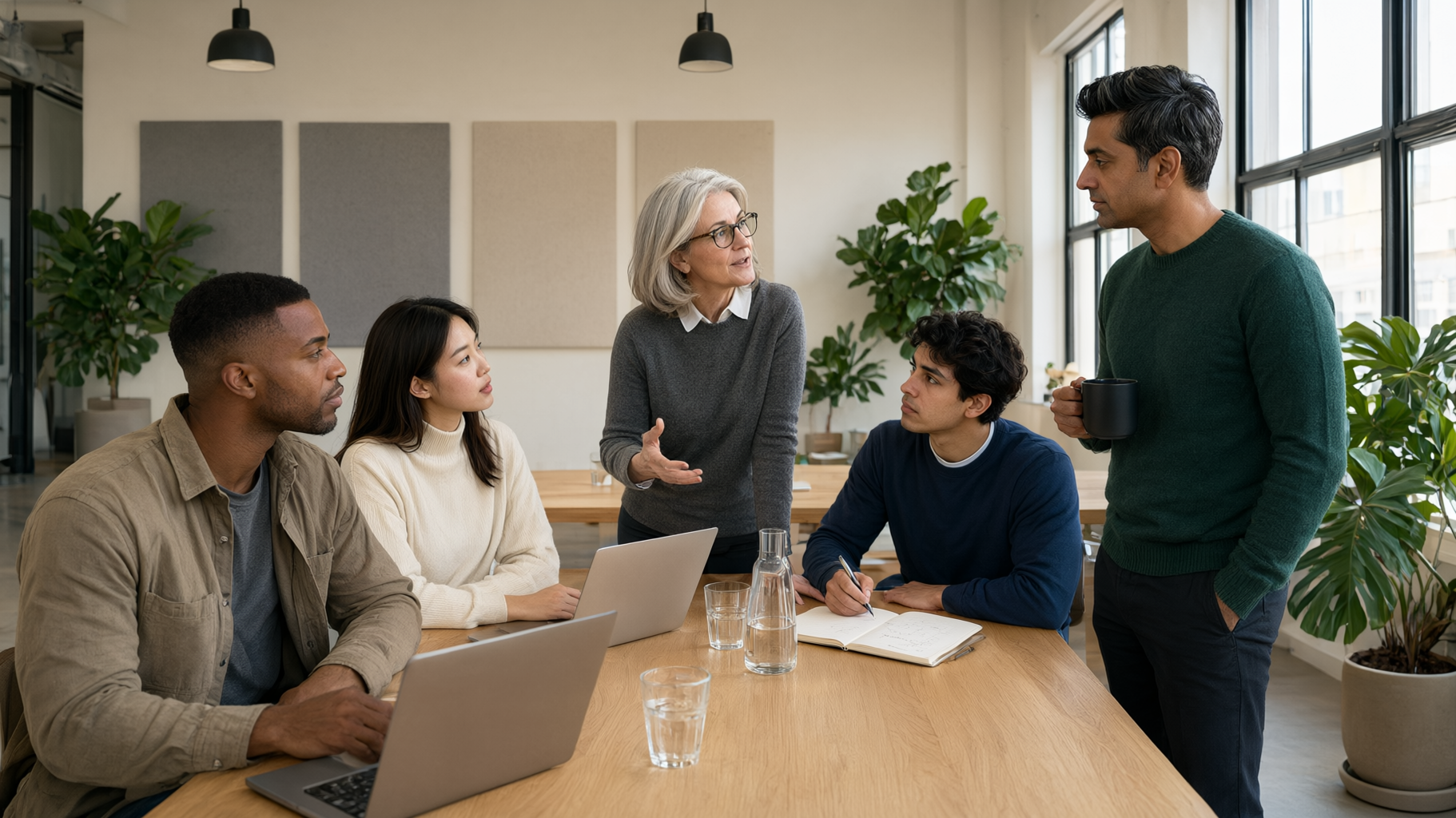 Five engineers in a working session at a long table: a senior engineer explains while colleagues with laptops and notebooks listen.