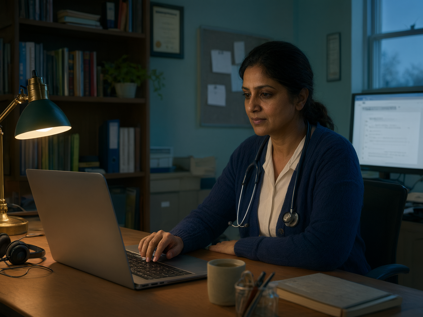 A physician on a telehealth visit at her desk, a clinical note open on a second monitor.