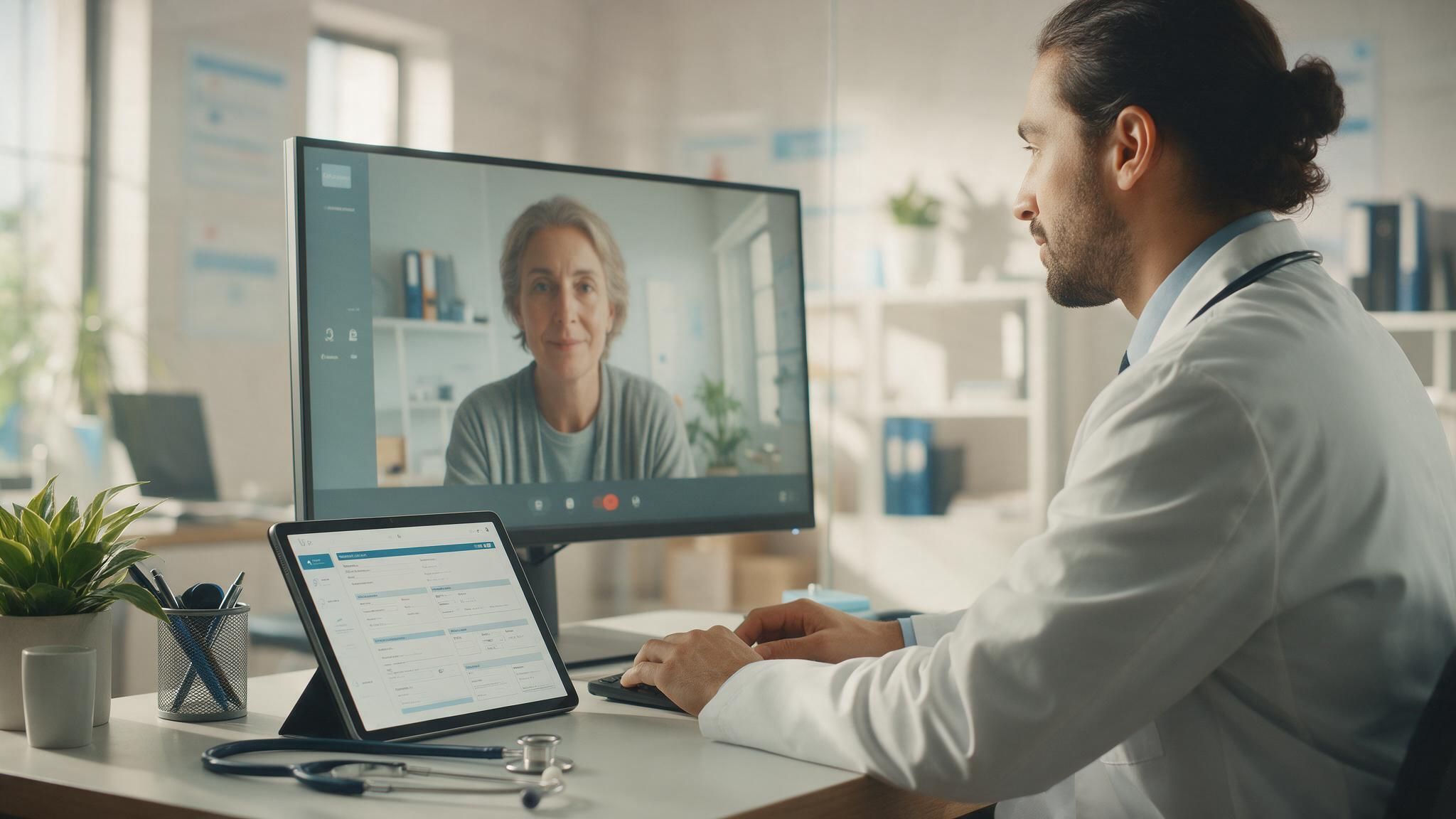 A physician on a video visit with a patient, with the visit record open on a tablet.
