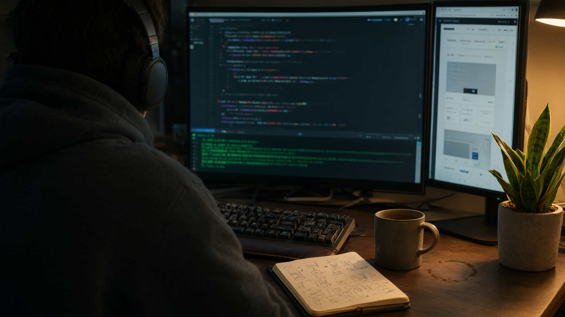 Over the shoulder of an engineer at night: a code editor, a terminal with green test output and a browser preview across two monitors.